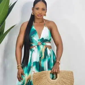 PATTERN DOUBLE THIGH SLIT HALTER NECK DRESS - Image 2