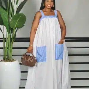 2 TONE STRIPE POCKET & SPAG MAXI DRESS