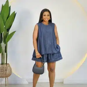 BACK BUTTON DENIM SHIRT SET