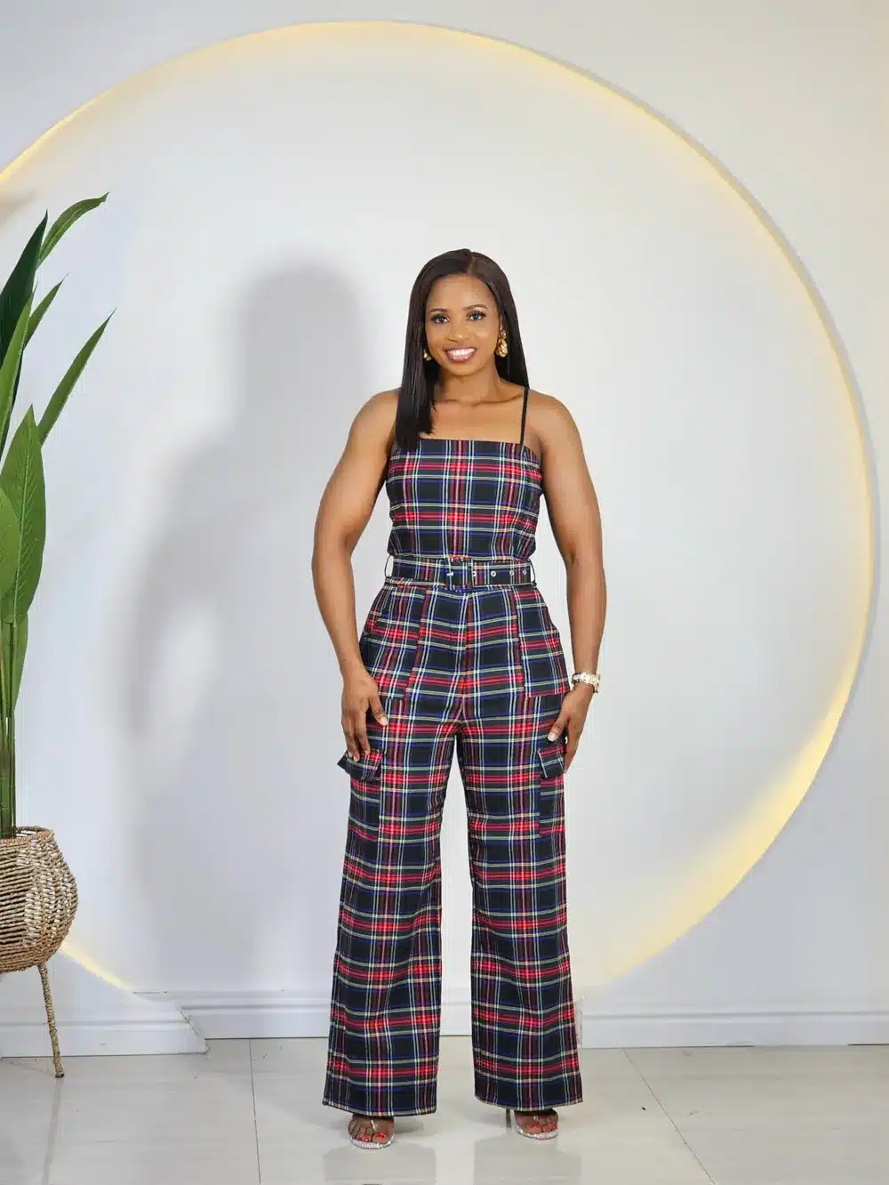 PLAID CARGO SPAG JUMPSUIT