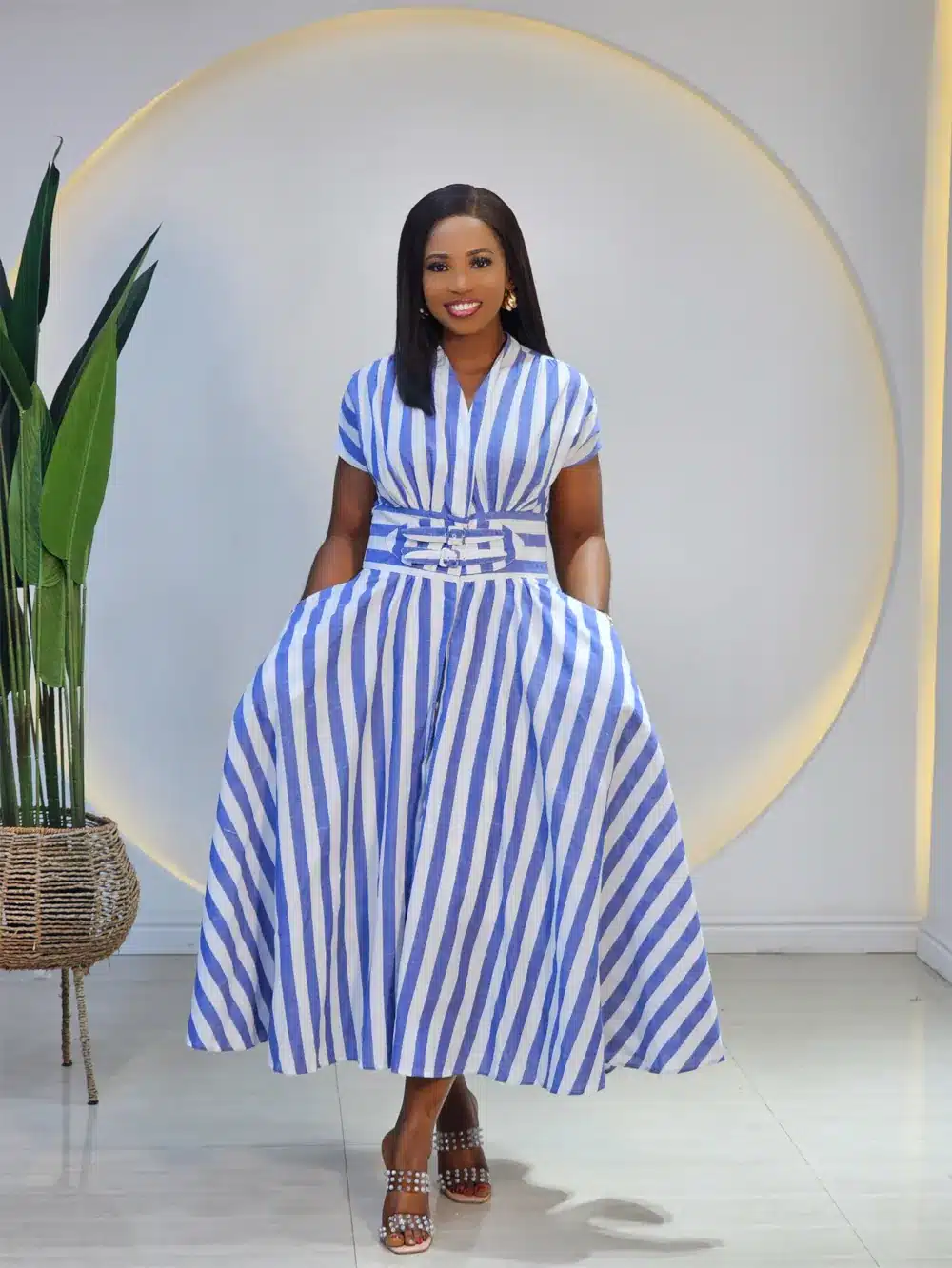 BOLD STRIPE FLARE BUCKLE DRESS 2564