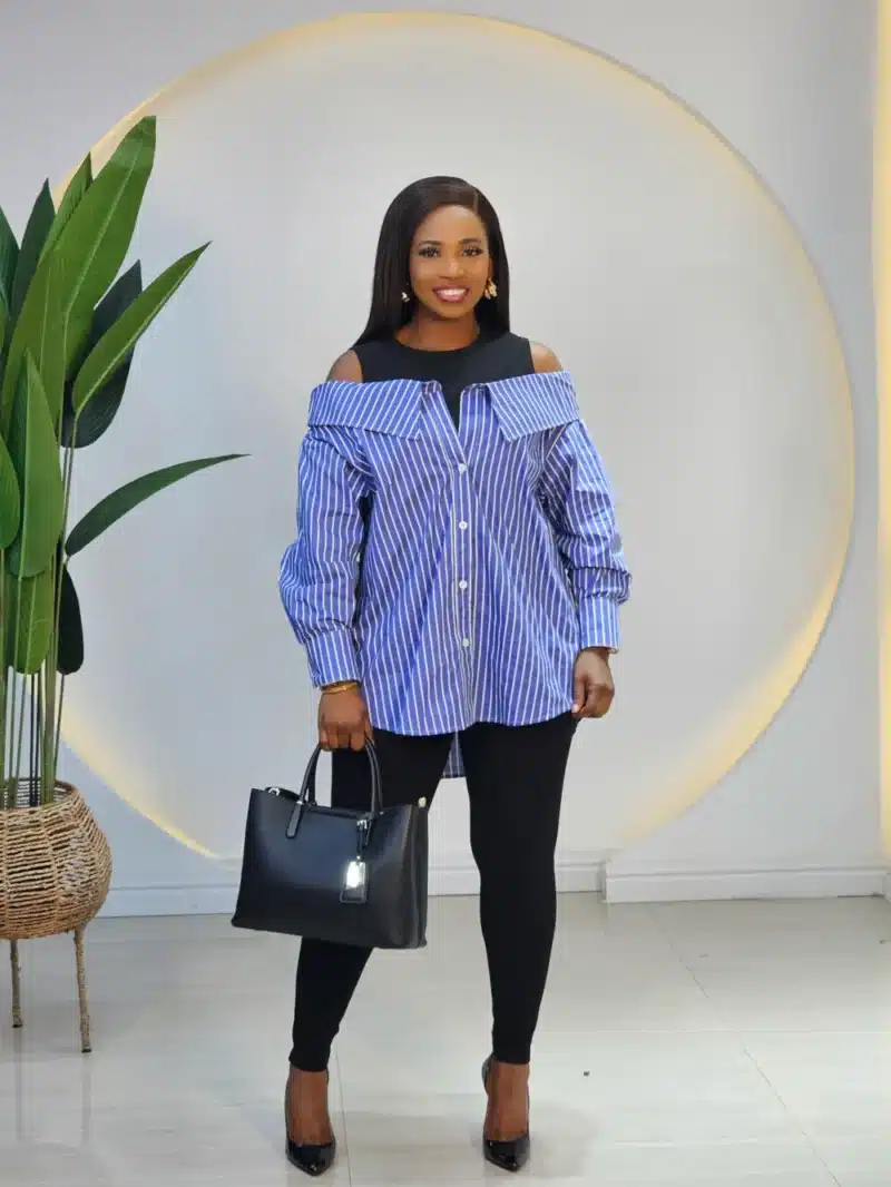 COLD SHOULDER STRIPE BUTTON SHIRT - Image 3