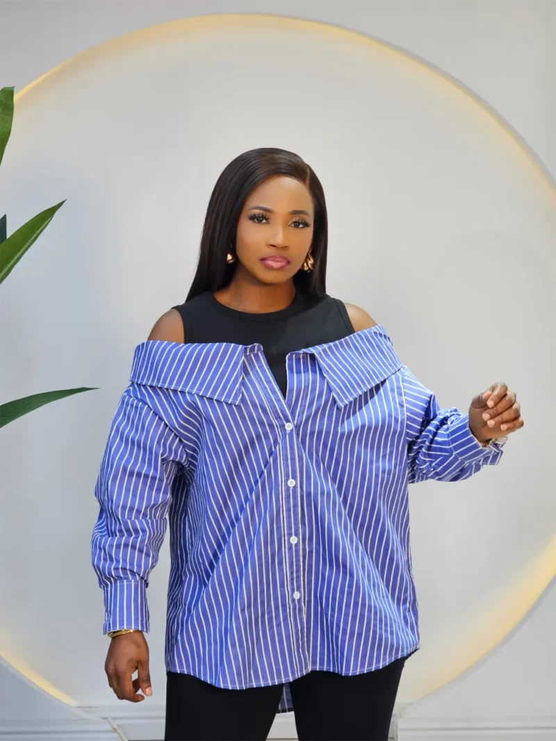 COLD SHOULDER STRIPE BUTTON SHIRT