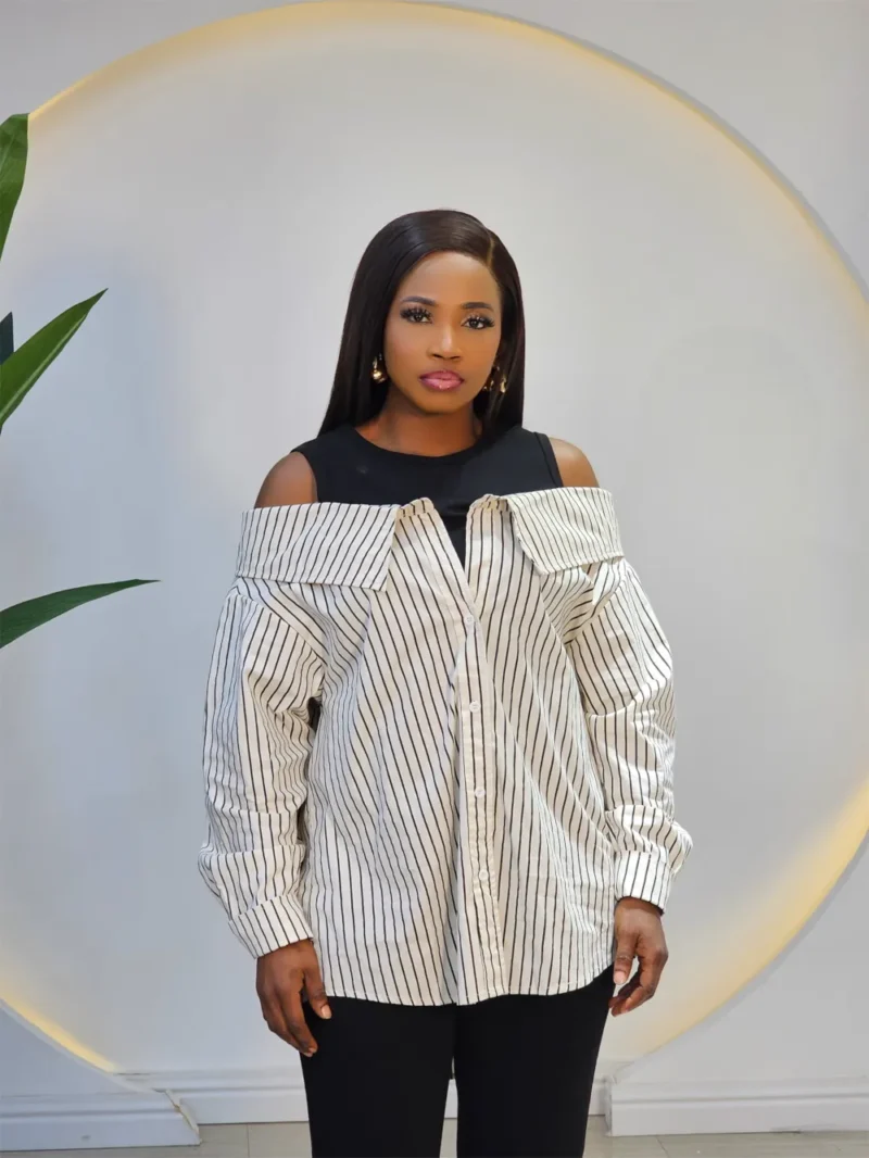 COLD SHOULDER STRIPE BUTTON SHIRT - Image 2