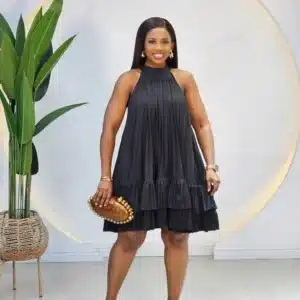 HIGH NECK DOUBLE LAYER PLEATED DRESS