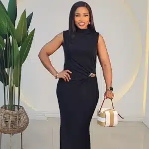 HIGH NECK SIDE BROOCH ANKLE DRESS 2589