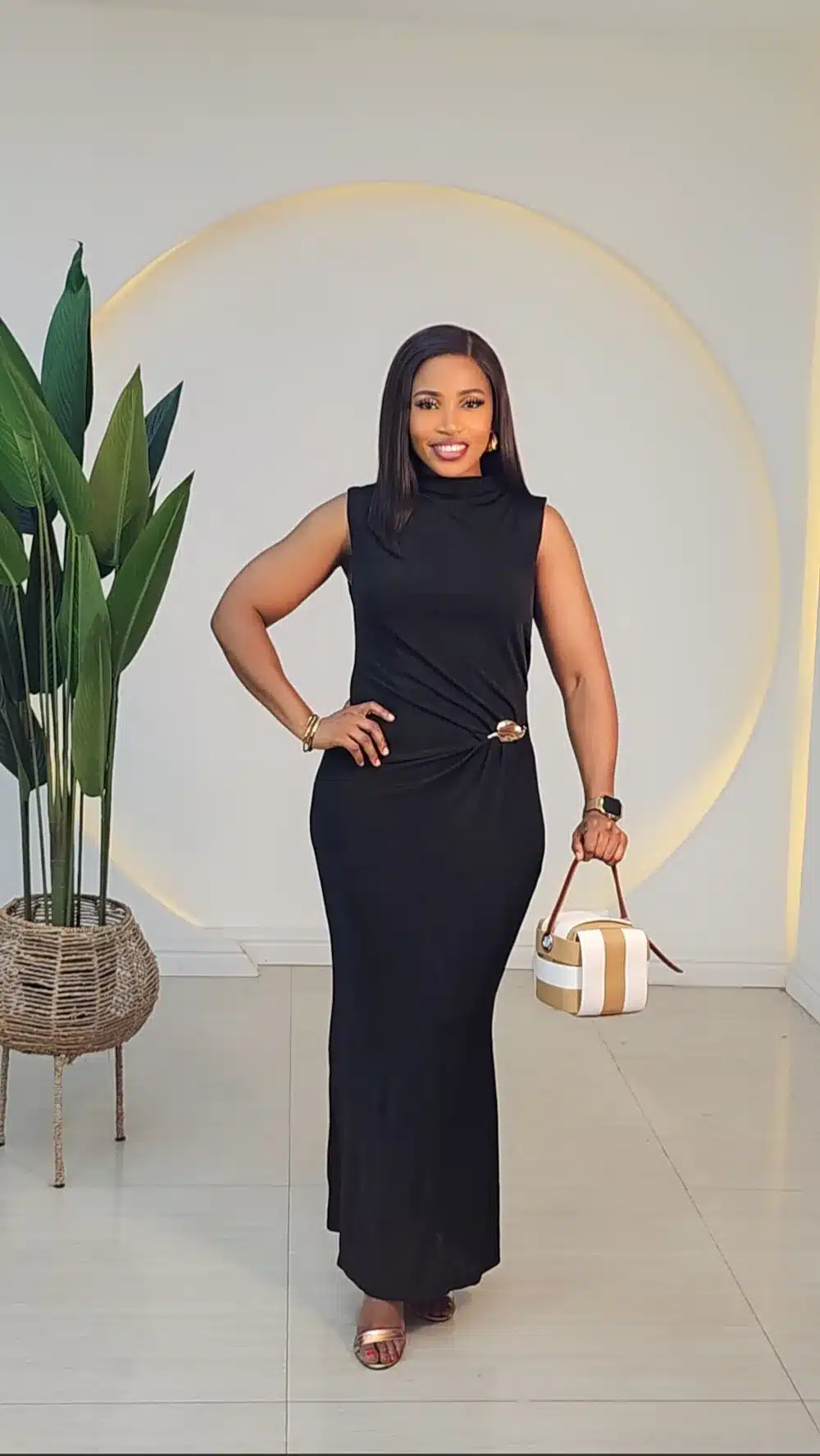 HIGH NECK SIDE BROOCH ANKLE DRESS 2589