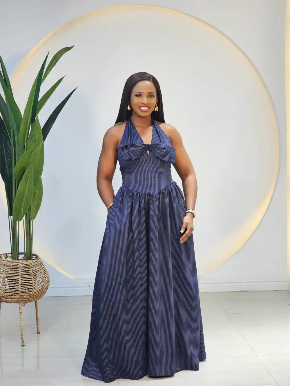 STRIPE HALTER NECK MAXI