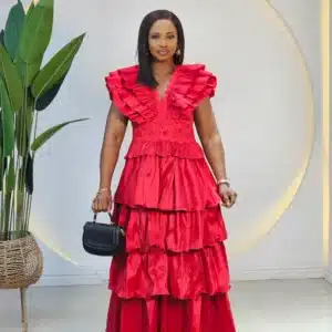 MULTI LAYER RUFFLE SHOULDER MIDI DRESS