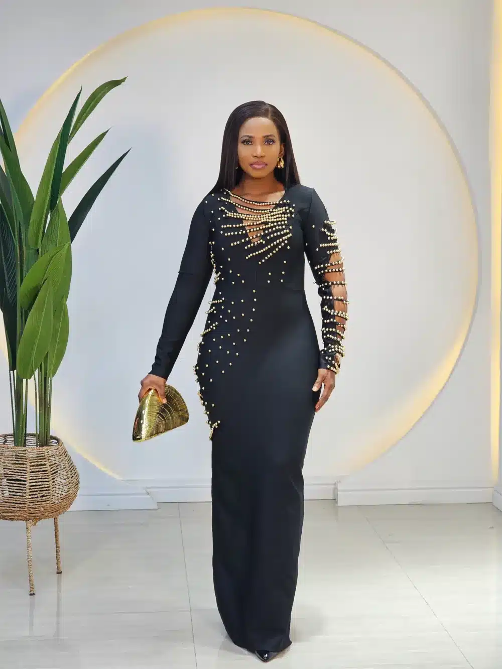 BANDAGE GOLD PEARL DETAILED DRESS