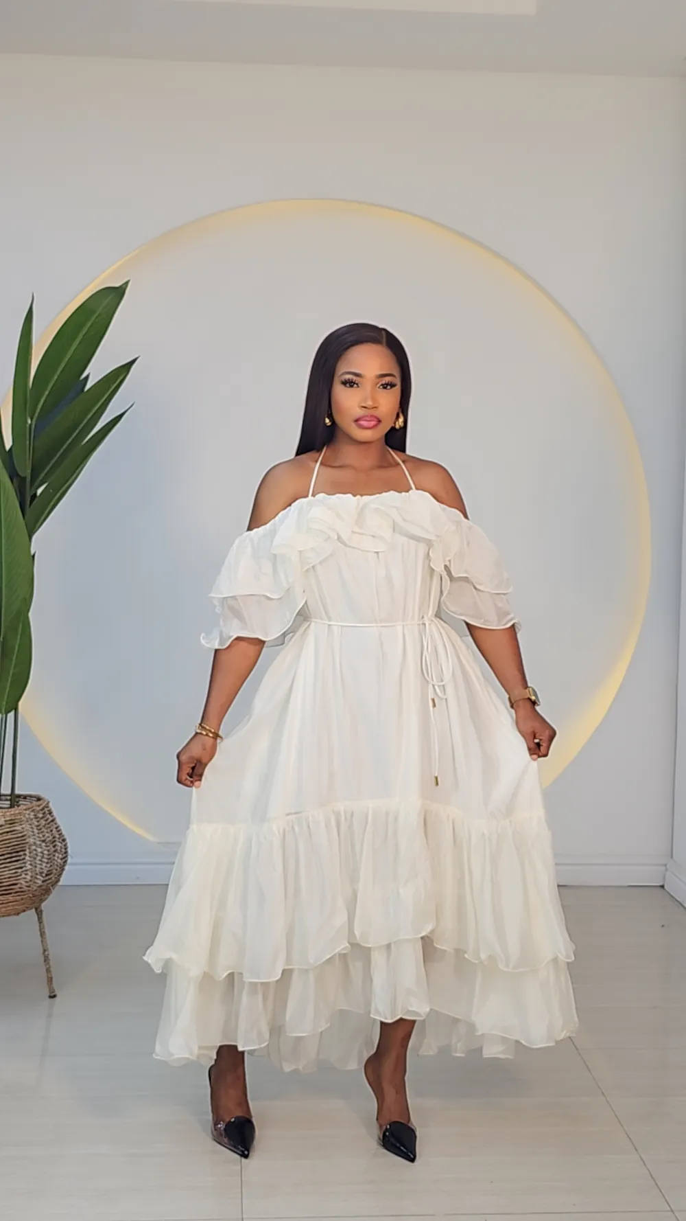 OFF SHOULDER CAPE HEM DRESS