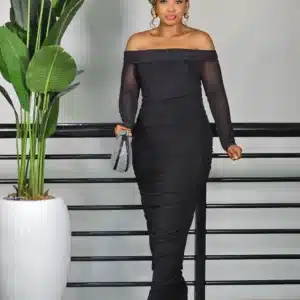 OFF SHOULDER MESH RUCHED DRESS