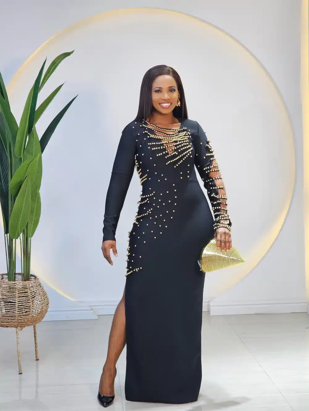 PEARL DETAIL SHIMMER EVENING DRESS