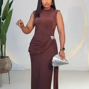 SIDE DRAPE BROOCH LONG DRESS - Image 2