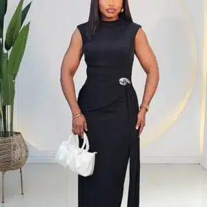 SIDE DRAPE BROOCH LONG DRESS