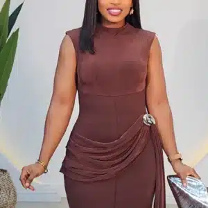 SIDE DRAPE BROOCH LONG DRESS - Image 5