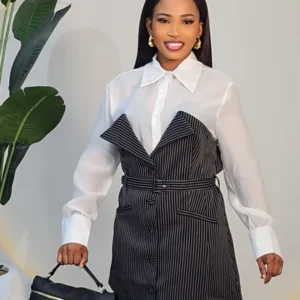 2 TONE STRIPE BLAZER DRESS 1411 - Image 5