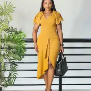 BAT SLEEVE SIDE RUFFLE THIGH MIDI DRESS