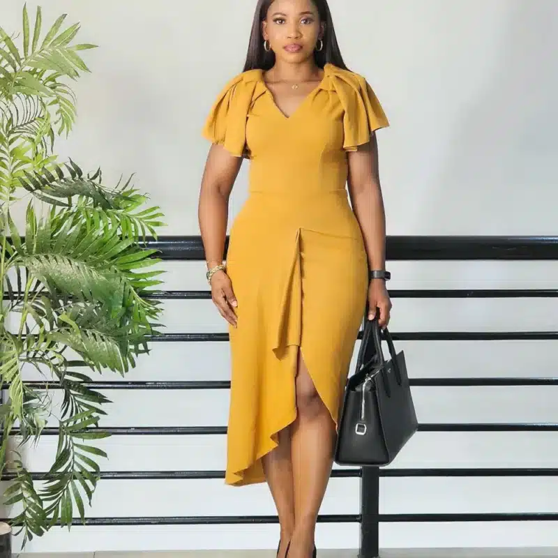 BAT SLEEVE SIDE RUFFLE THIGH MIDI DRESS