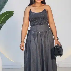 DENIM BACK LACE UP MAXI SKIRT 7772 - Image 4