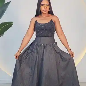 DENIM BACK LACE UP MAXI SKIRT 7772 - Image 2