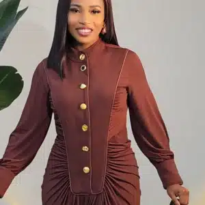 HIGH NECK RUCH BUTTON CHEST DRESS 1411 - Image 3