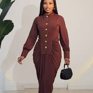 HIGH NECK RUCH BUTTON CHEST DRESS 1411