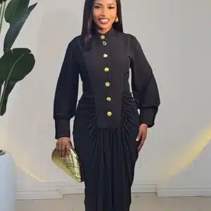 HIGH NECK RUCH BUTTON CHEST DRESS 1411 - Image 2