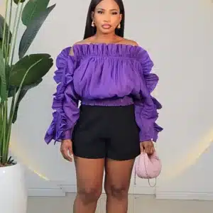 OFF SHOULDER RUFFLE SMOKEY WAIST TOP 9907