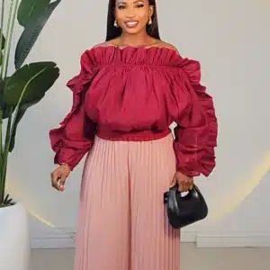 OFF SHOULDER RUFFLE SMOKEY WAIST TOP 9907 - Image 4