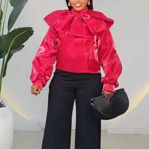 SATIN CAPE NECK BUBBLE SLEEVE TOP 9903