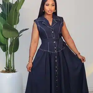 SLEEVELESS DENIM HEM BELTED DRESS 2911 - Image 2