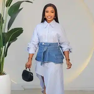 STRIPE SLANT DRESS SET & DENIM WRAP BELT 2111