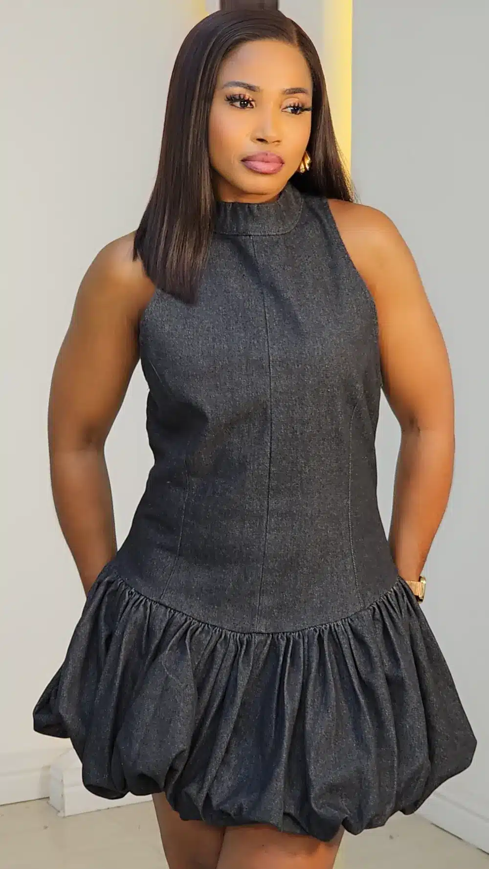 DENIM BUBBLE HEM DRESS 0311