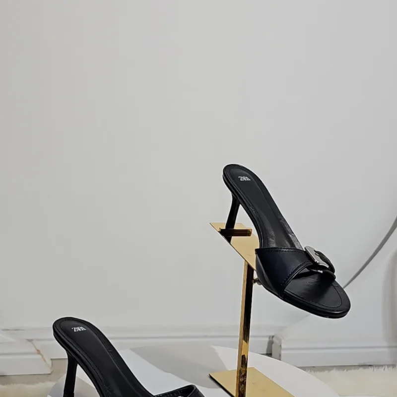 BUCKLE TOP LEATHER HEEL MULES 2368-1