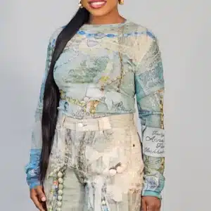 CHAIN PRINT MESH TOP & JEAN SET 2312 - Image 2