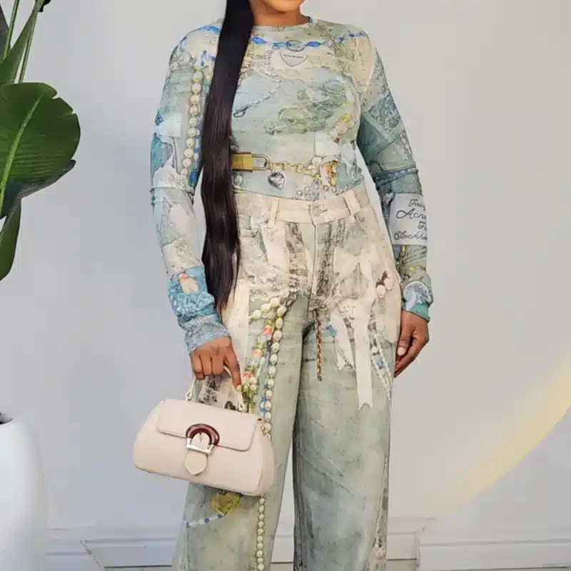 CHAIN PRINT MESH TOP & JEAN SET 2312