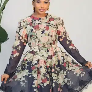 FLORAL LACE HEM LONG SLEEVE DRESS 58895 - Image 2