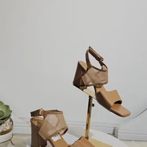 NET ANKLE BLOCK HEEL STRAP SANDALS 17019