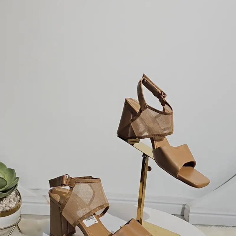 NET ANKLE BLOCK HEEL STRAP SANDALS 17019