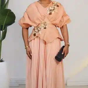 PLEATED FLOWER EMBROIDERY PEPLUM DRESS 6101