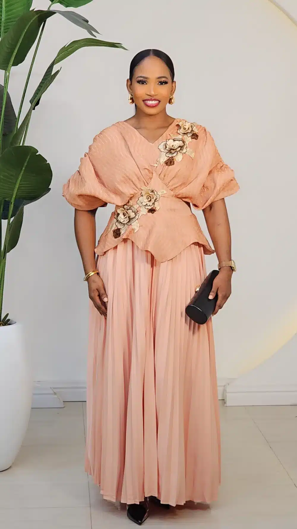 PLEATED FLOWER EMBROIDERY PEPLUM DRESS 6101