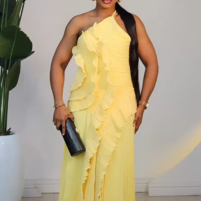 PLEATED HALTER NECK SLIT DRESS 855