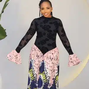 2-TONE BELL SLEEVE PRINT MESH MAXI 7003