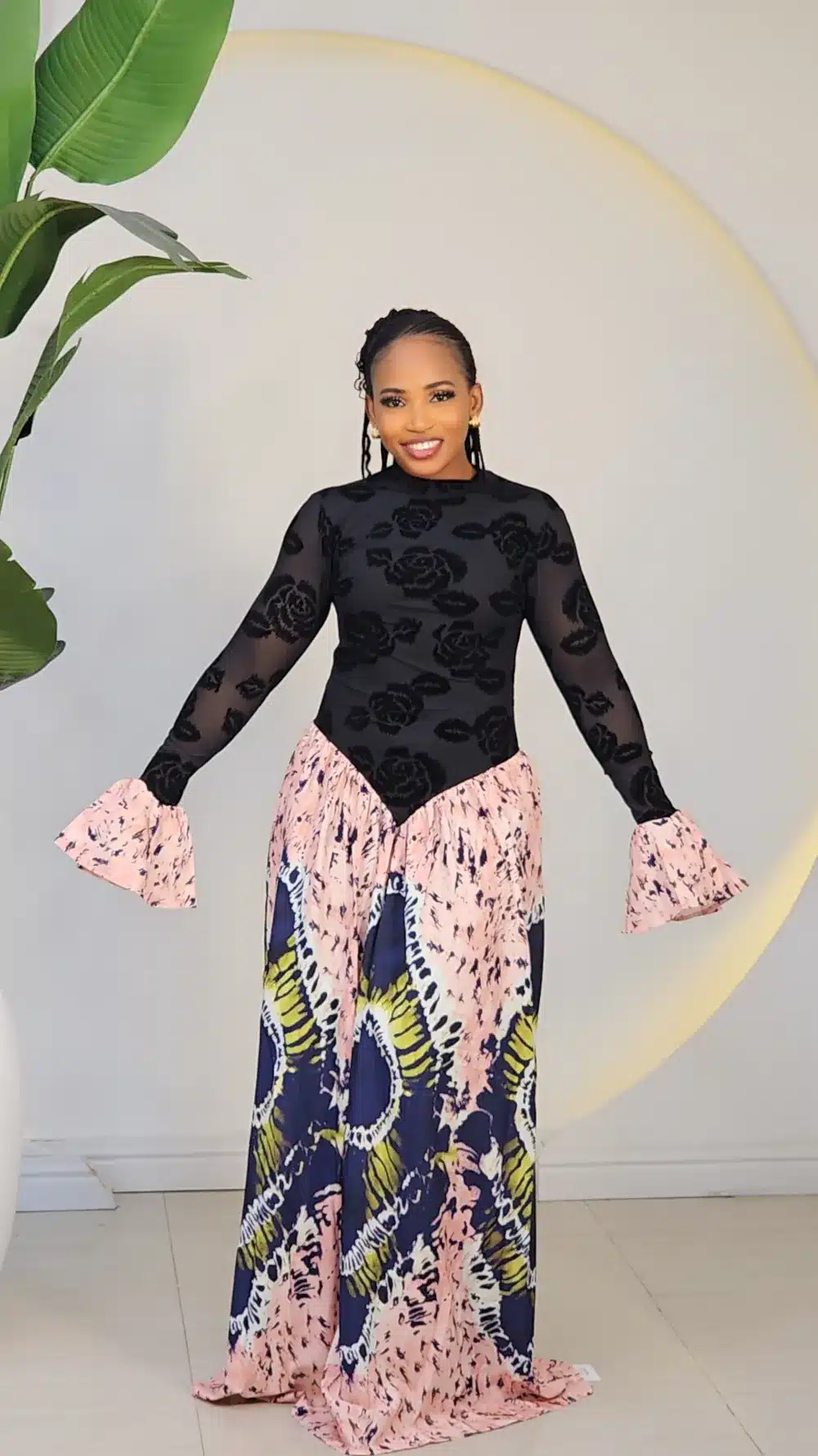 2-TONE BELL SLEEVE PRINT MESH MAXI 7003