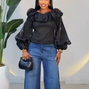 BUBBLE SLEEVE PETAL NECK DETAIL TOP 910