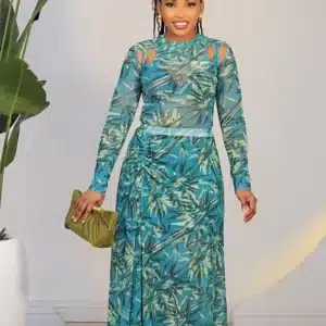 FLORAL MESH MAXI RUCH SLIT SKIRT & TOP SET 8032 - Image 2