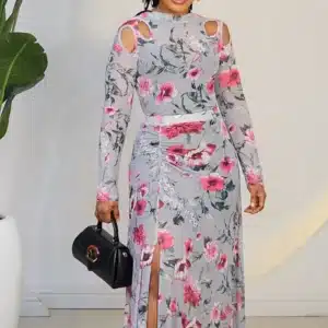 FLORAL MESH MAXI RUCH SLIT SKIRT & TOP SET 8032