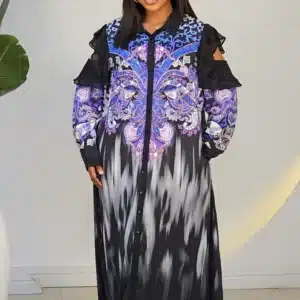 COLD SHOULDER STUDDED PATTERN MAXI DRESS 0302