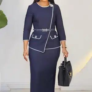 TRIM SIDE NECK BROOCH PEPLUM DRESS 25280